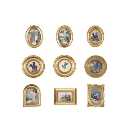 Nine gold-finish resin mini frames with vintage nature, holiday, and religious art magnets