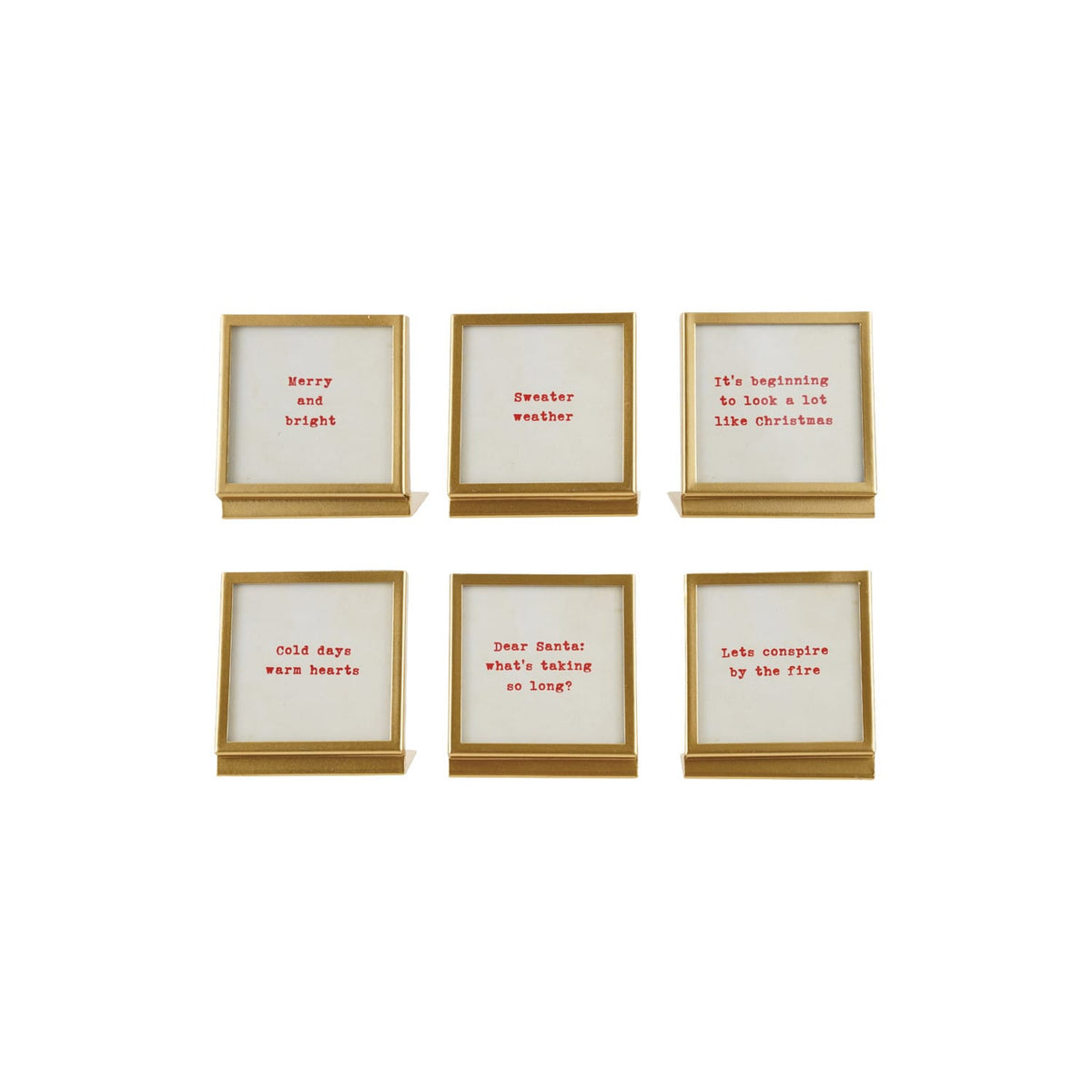 Set of 6 gold metal easel frames with red Christmas sayings on white cards