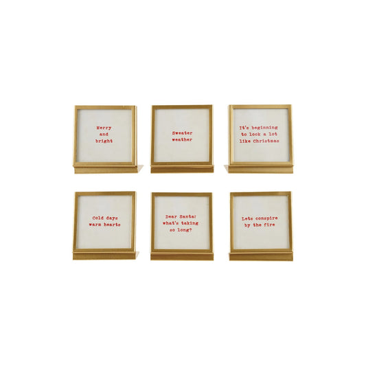 Set of 6 gold metal easel frames with red Christmas sayings on white cards