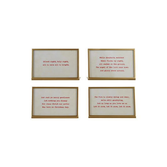 Set of four gold metal frames with red Christmas carol lyrics on white cards