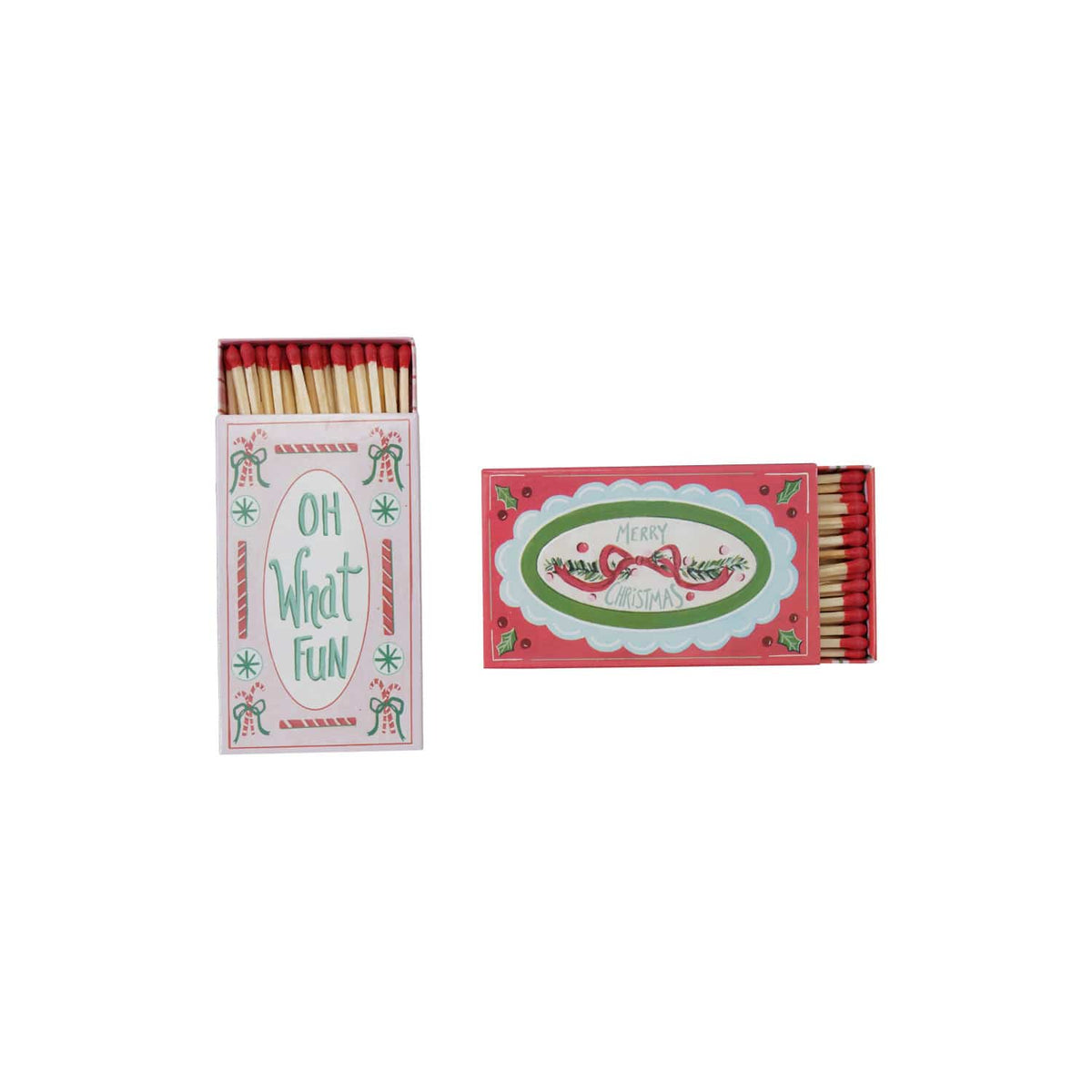 Two open holiday matchboxes with red-tipped matches, Oh What Fun and Merry Christmas designs