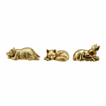 Three gold resin sleeping animal figurines bear fox and deer lying down