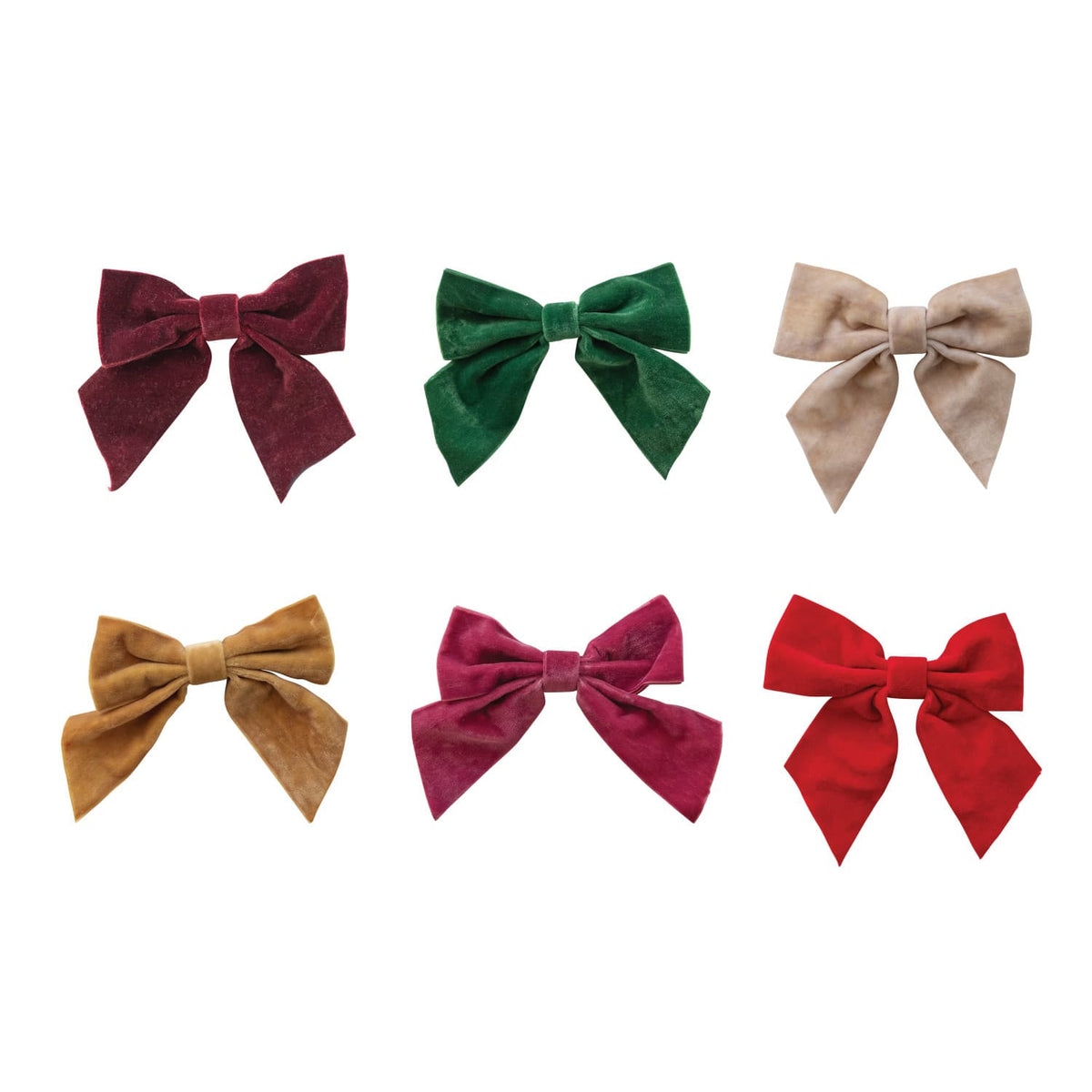 Six velvet clip-on hair bows in burgundy, green, taupe, gold, magenta, and red
