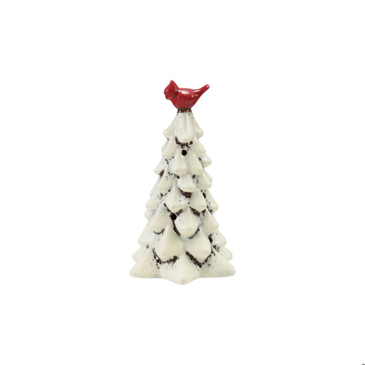 White ceramic snow-covered Christmas tree figurine with red cardinal bird on top