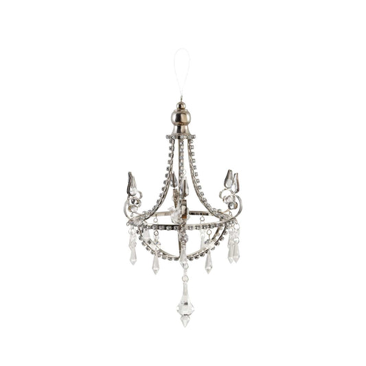 Silver metal miniature chandelier ornament with clear acrylic crystal drop accents