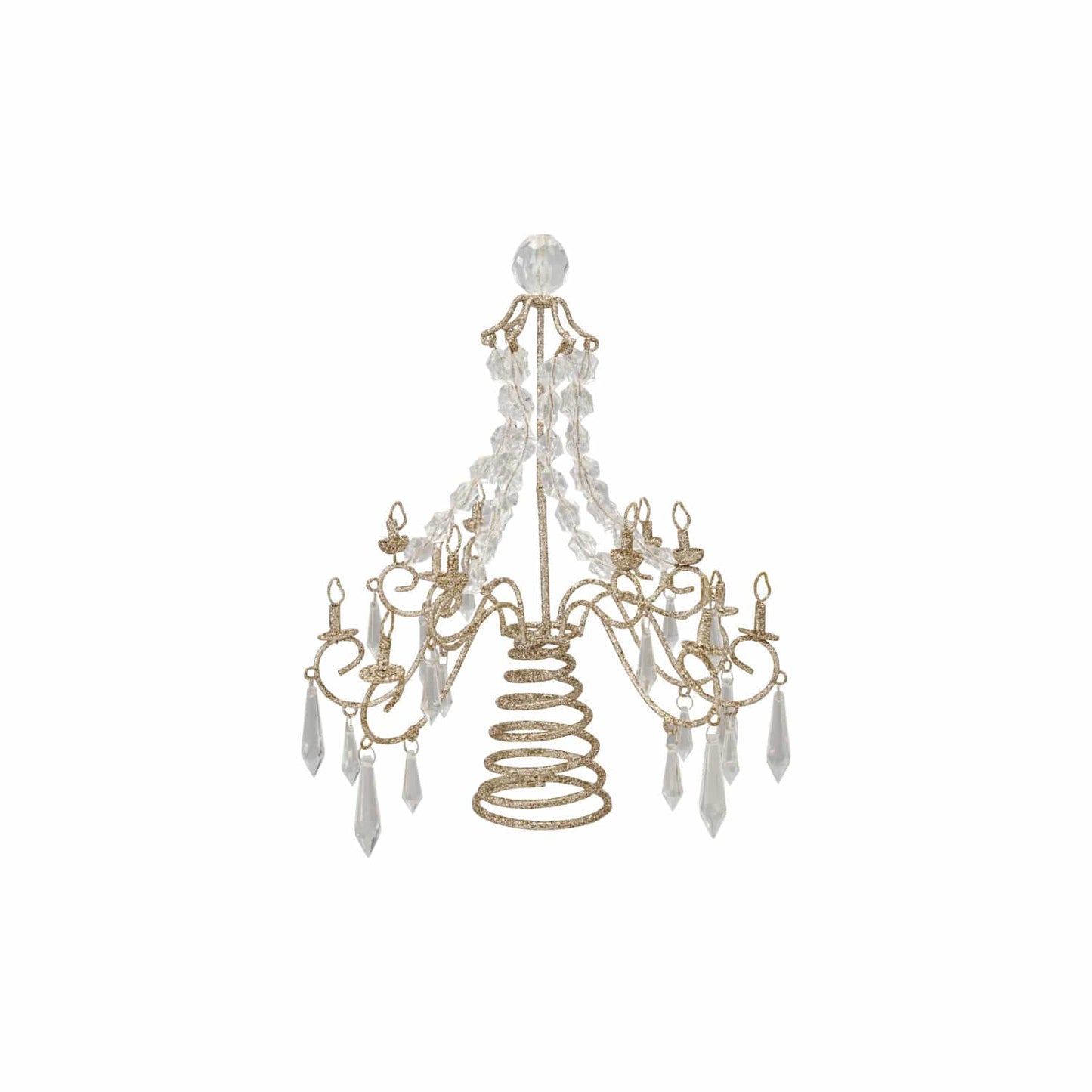 Gold glitter metal chandelier Christmas tree topper with acrylic crystal prisms and beads