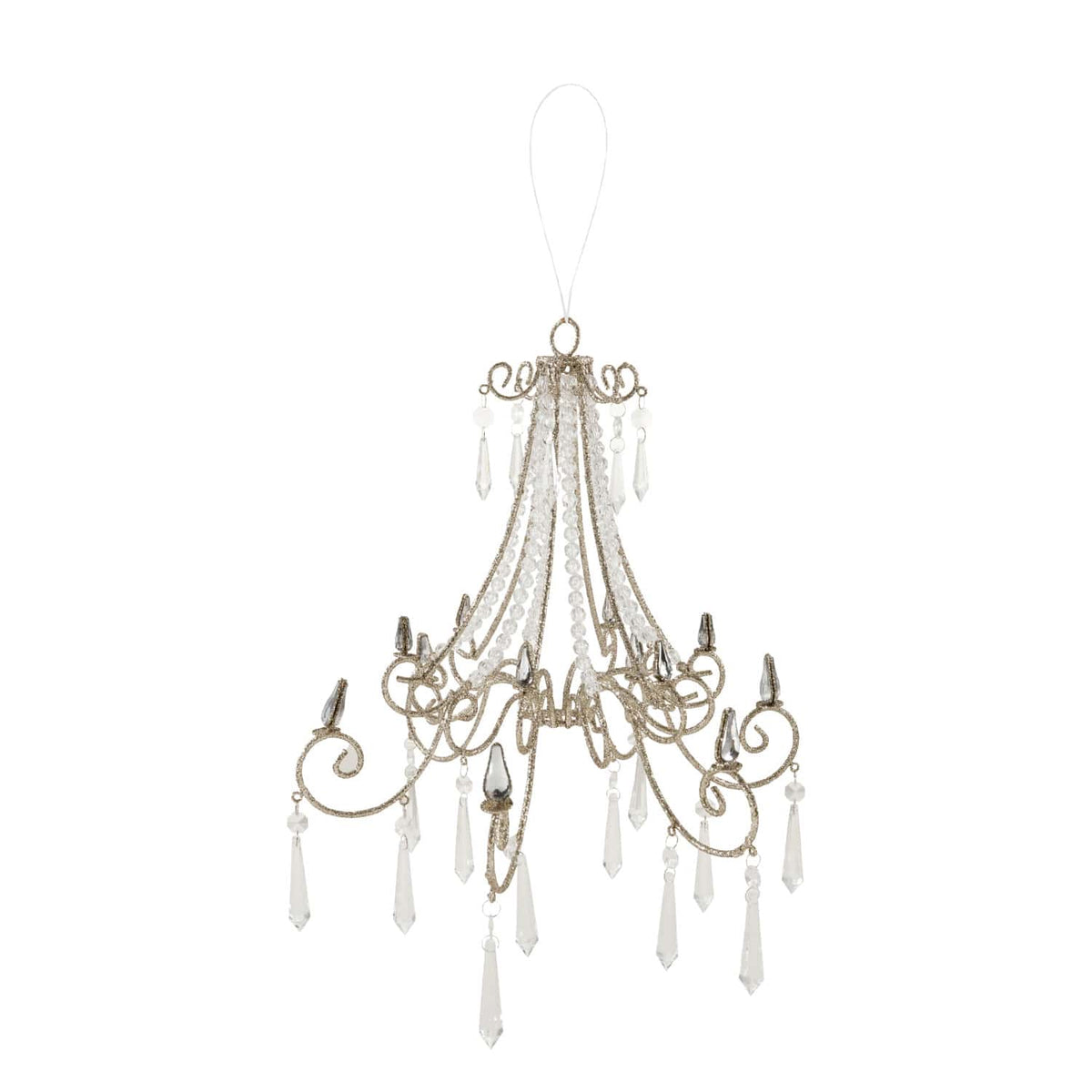 Gold glitter metal chandelier ornament with clear acrylic crystal drops and scroll arms