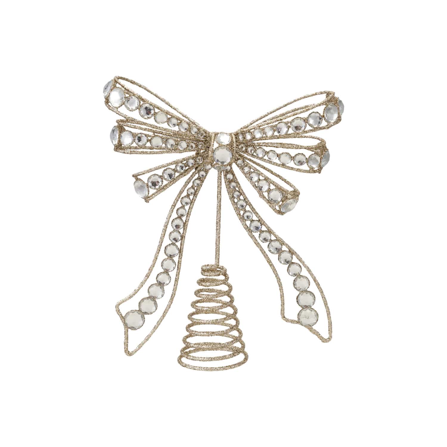 Champagne gold glitter wire bow Christmas tree topper with clear acrylic jewels and coil base
