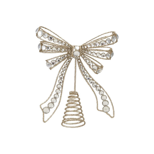 Champagne gold glitter wire bow Christmas tree topper with clear acrylic jewels and coil base