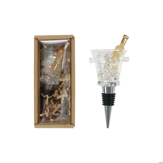 Wine bottle stopper with clear glass ice bucket and gold bottle topper, boxed