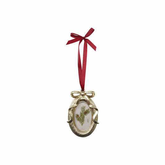 Gold oval resin ornament frame with botanical print and red grosgrain ribbon bow hanger