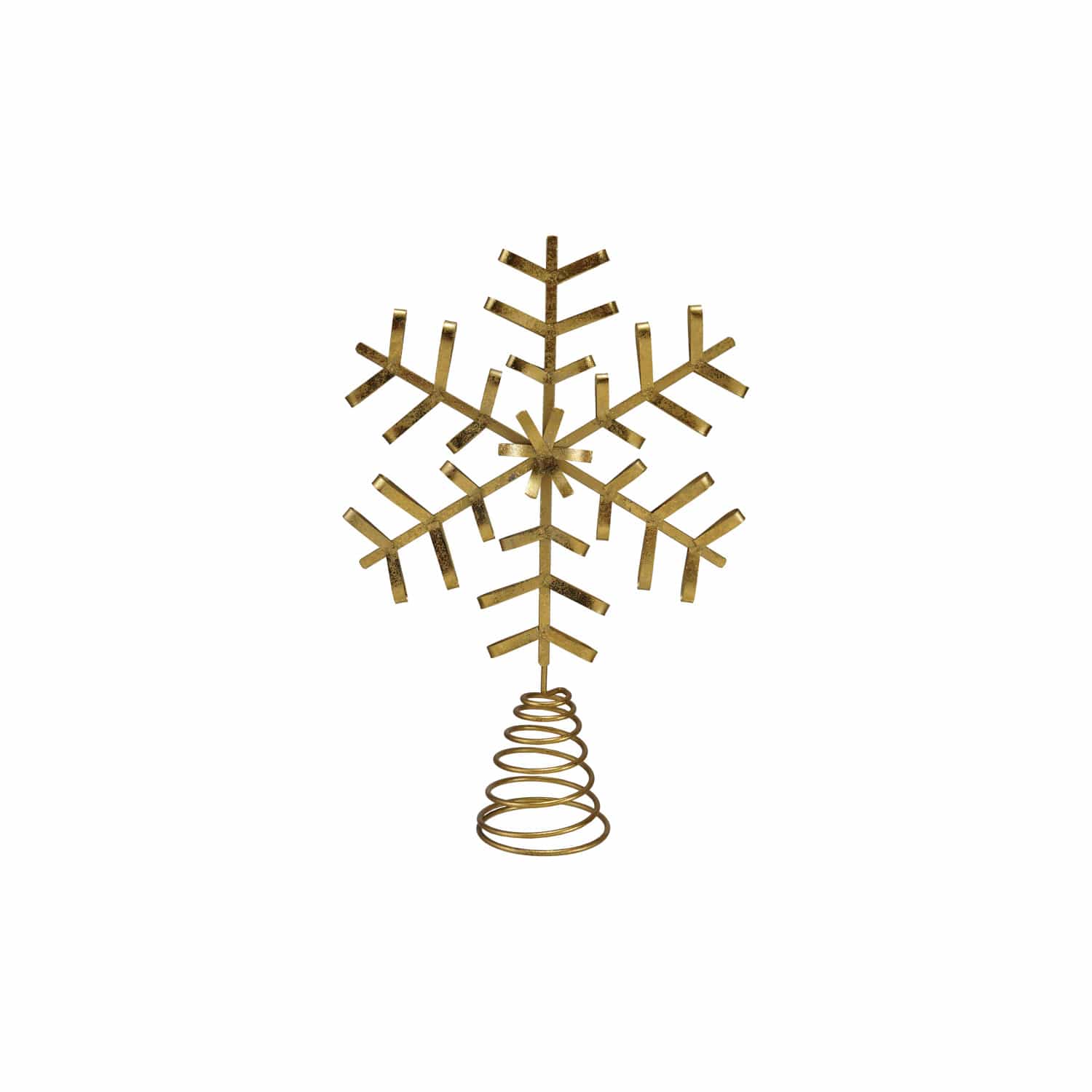 Gold metal snowflake Christmas tree topper with spiral wire base and glitter finish