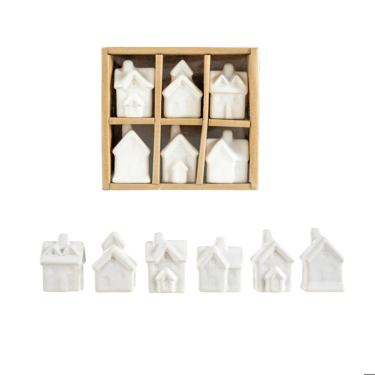 Set of 6 white glazed stoneware miniature village house figurines in kraft box