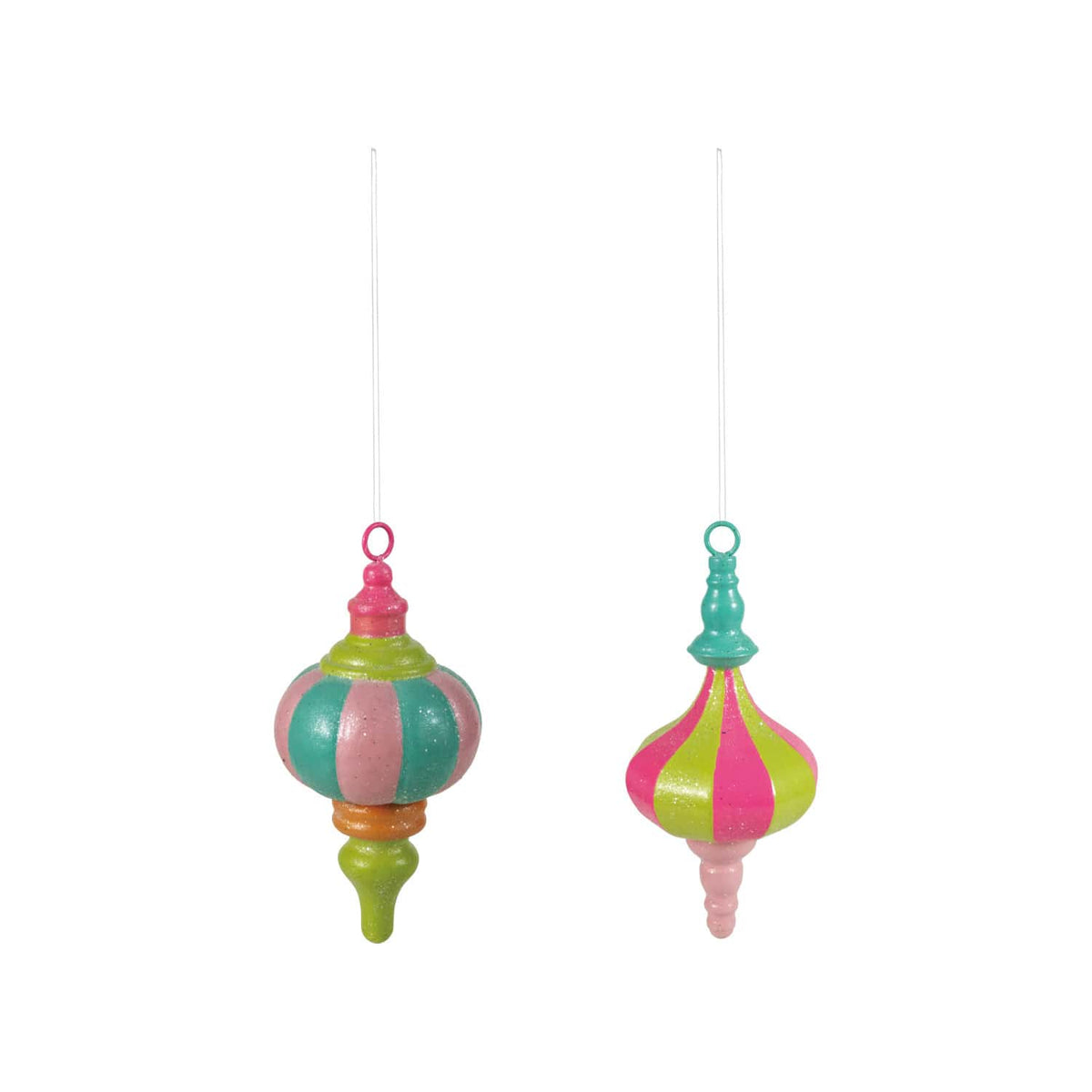 Two glittered multicolor striped metal finial Christmas ornaments in pink green and teal