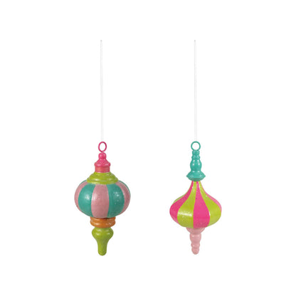 Two glittered multicolor striped metal finial Christmas ornaments in pink green and teal