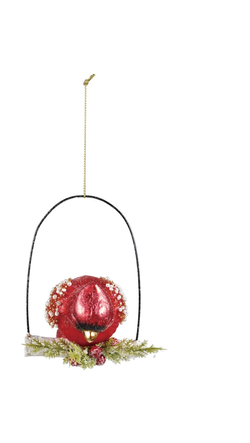 Red glitter glass cardinal ornament on swing with beads and greenery