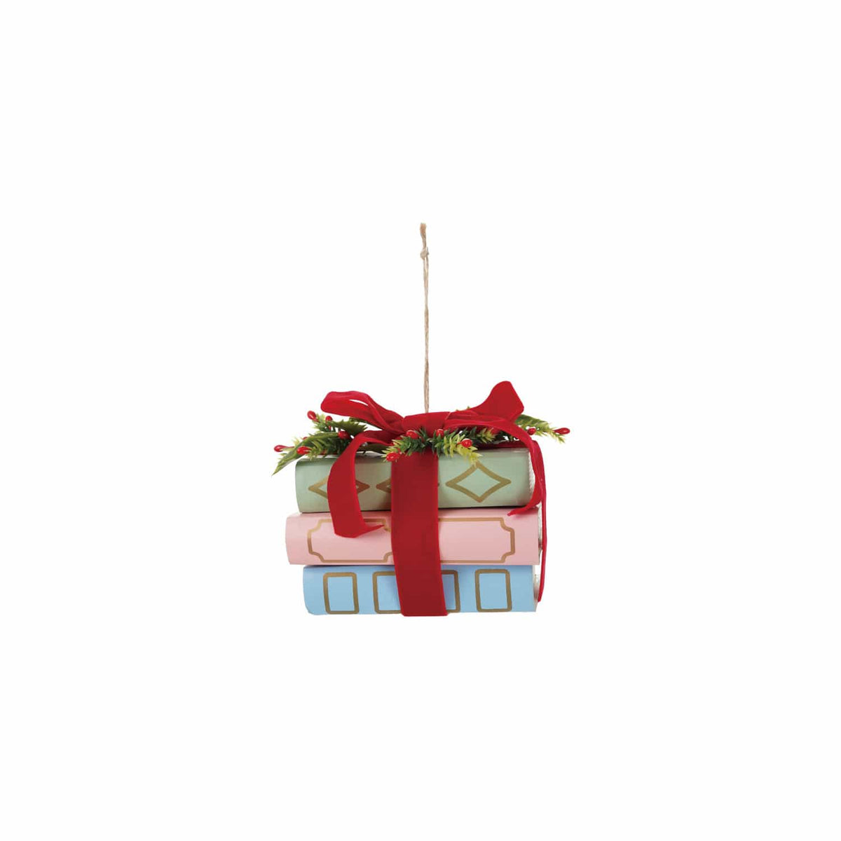 Stacked pastel paper books ornament with red velvet bow, holly, and gold details