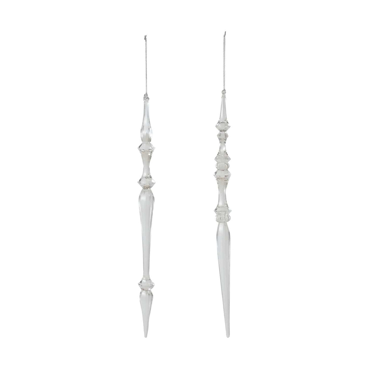 Two clear acrylic icicle Christmas ornaments with decorative detailing, hanging on silver strings