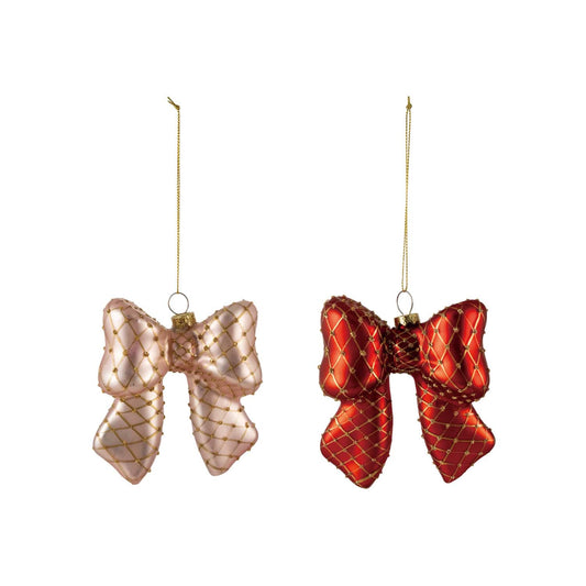 Glass bow ornaments in pink and red with gold diamond glitter pattern, set of 2