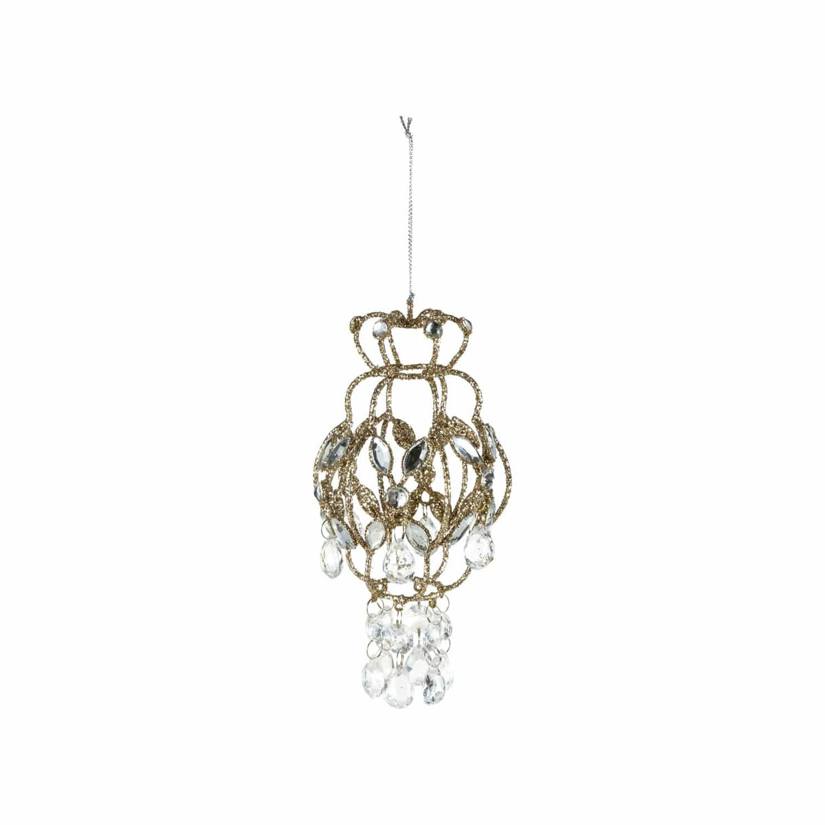Gold glitter metal chandelier Christmas ornament with clear acrylic crystal droplets