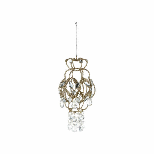 Gold glitter metal chandelier Christmas ornament with clear acrylic crystal droplets