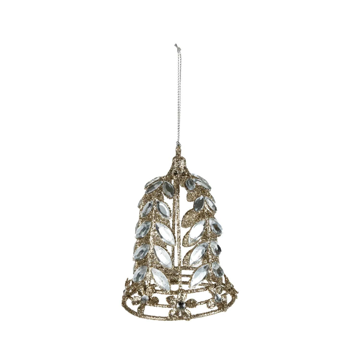 Gold glitter iron bell ornament with clear acrylic jewel embellishments and silver hanging cord
