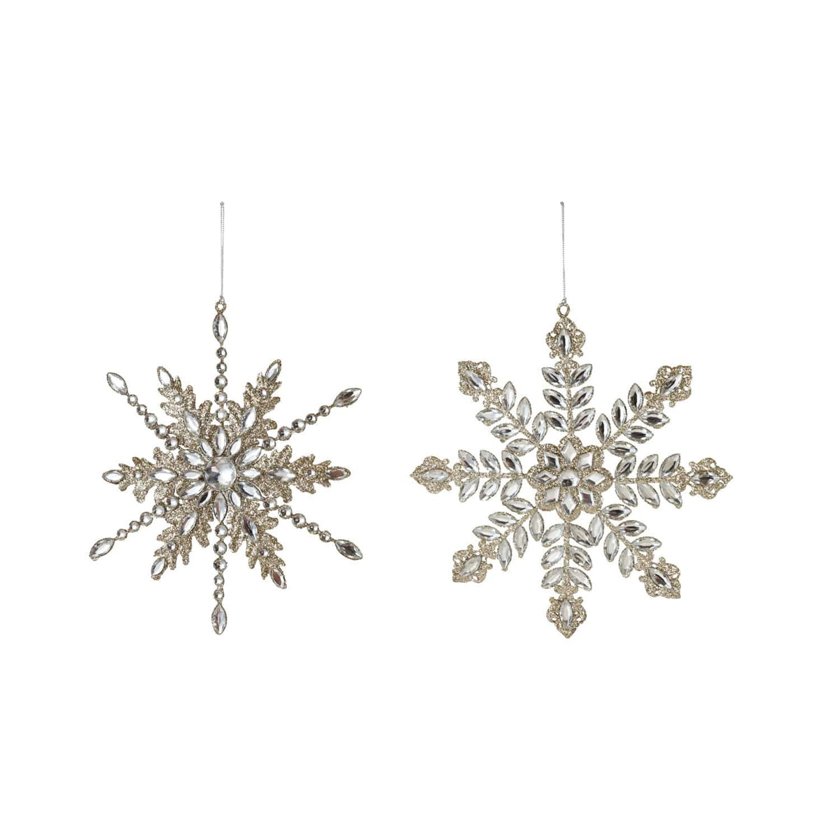 Two silver and gold glitter snowflake ornaments with clear acrylic jewel accents