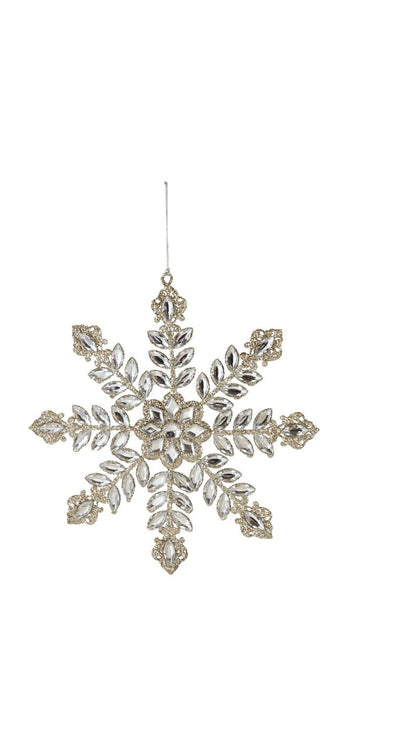 Silver glitter snowflake ornament with clear acrylic jewels and hanging string