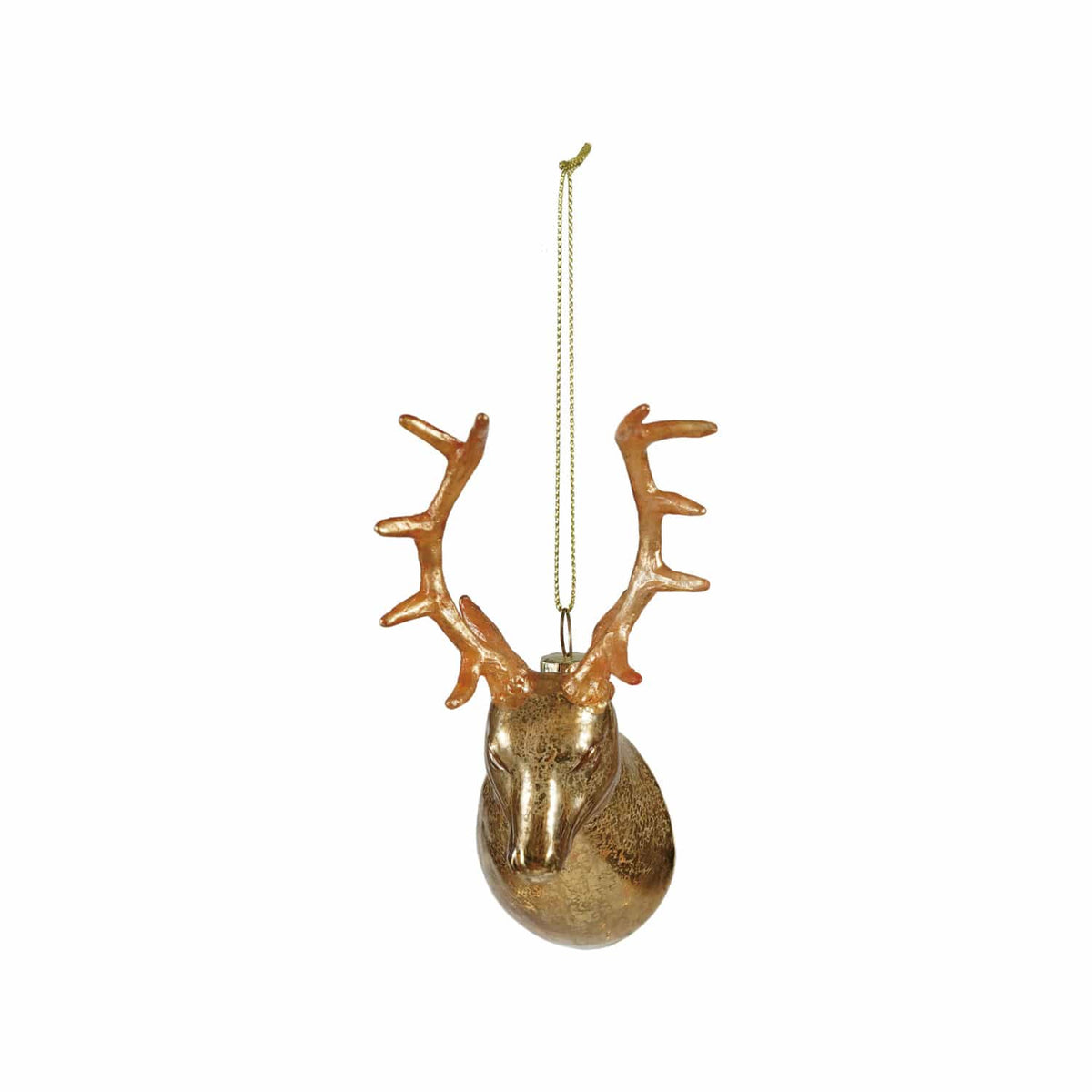 Gold mercury glass deer head ornament with resin antlers and gold chain hanger