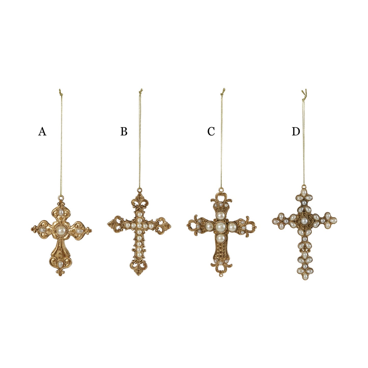 Four gold ornate cross ornaments with pearl accents on gold hanging cords