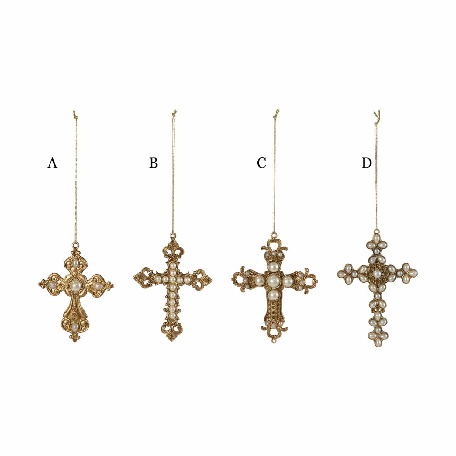 Four gold ornate cross ornaments with pearl accents on gold hanging cords