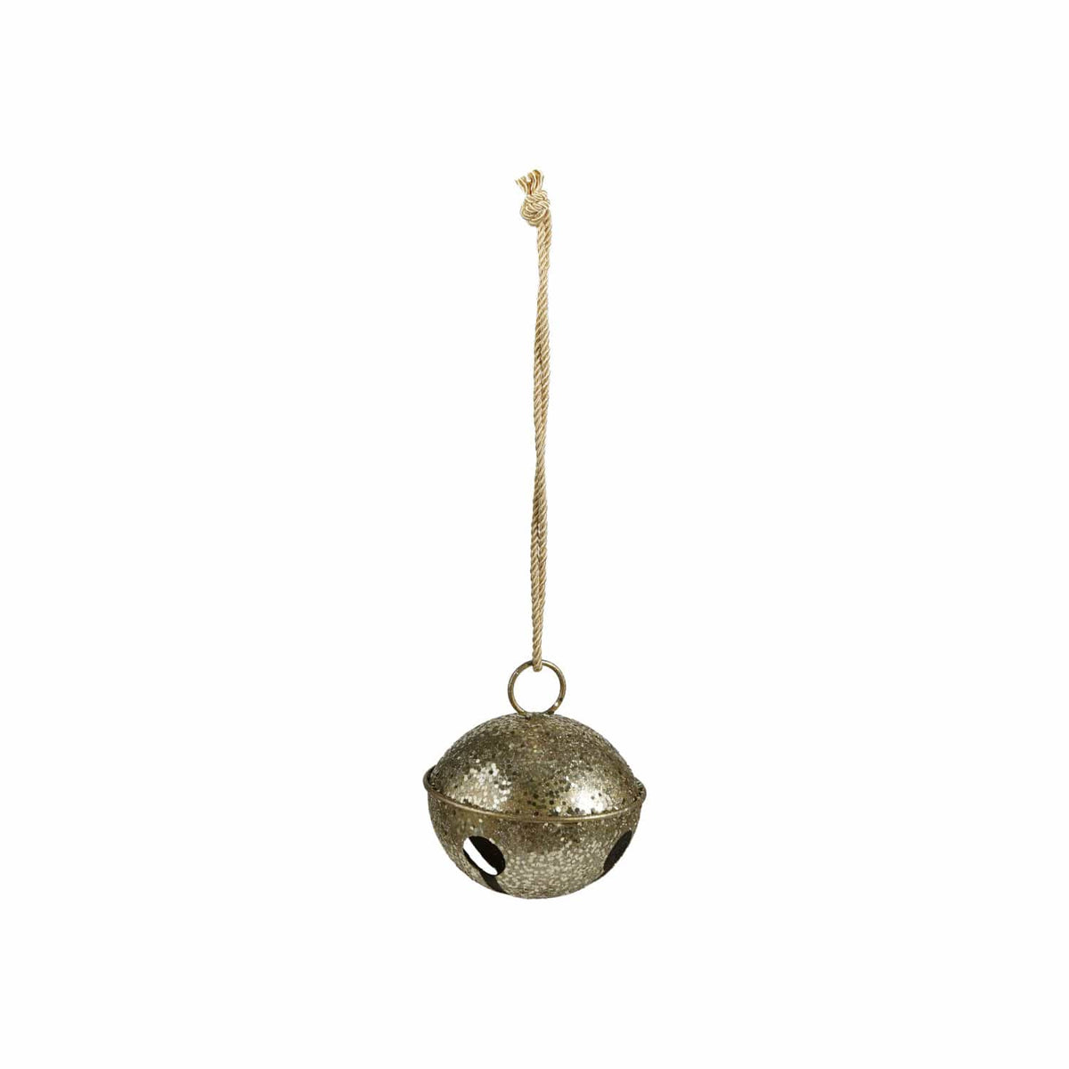 Gold glitter textured iron jingle bell ornament with twisted rope hanging cord