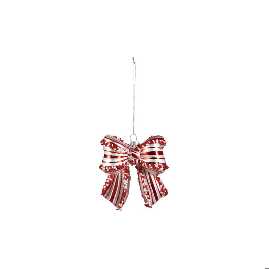 Red and white candy striped glass bow Christmas ornament with beaded detailing