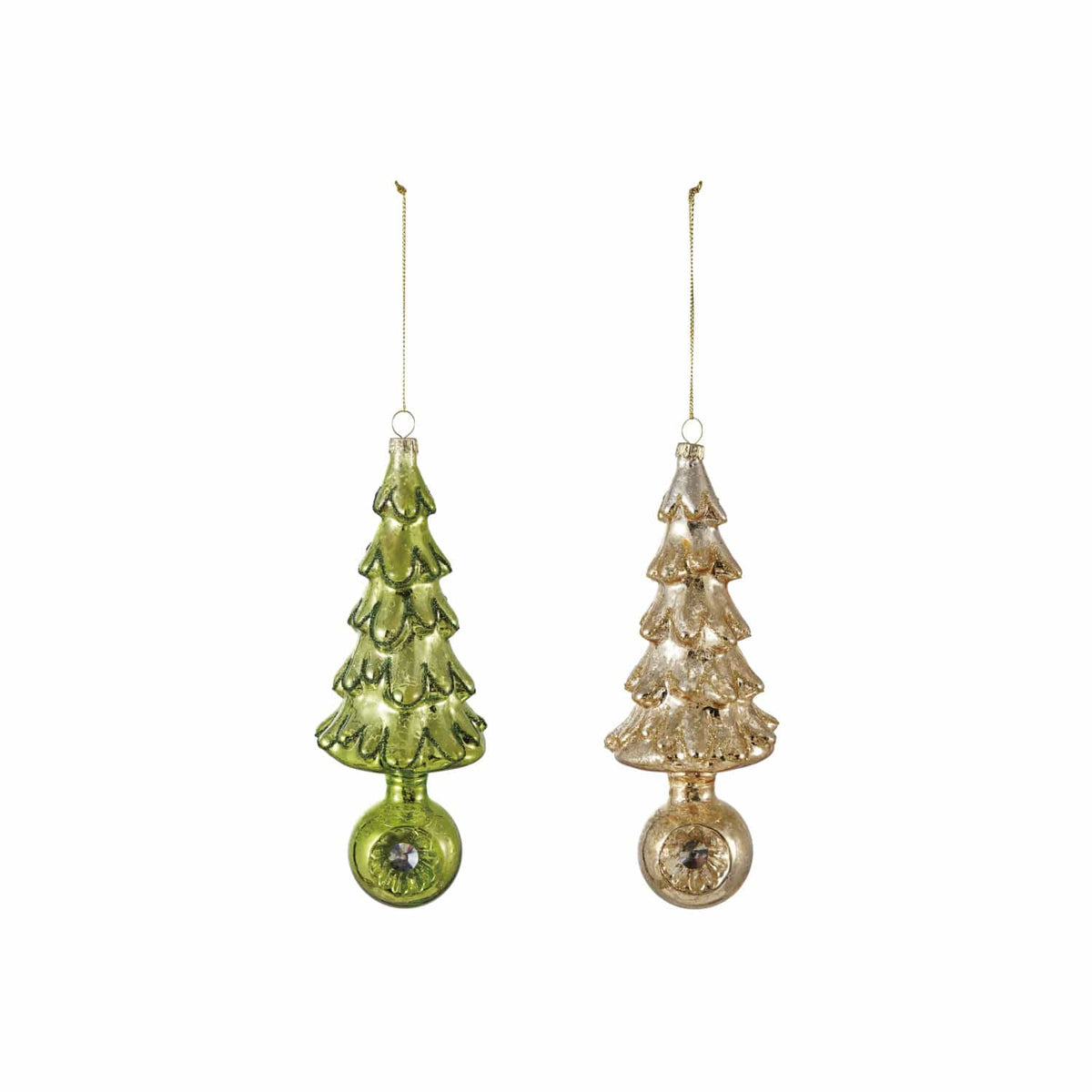 Mercury glass Christmas tree ornaments in green and gold with witch's eye base, set of 2