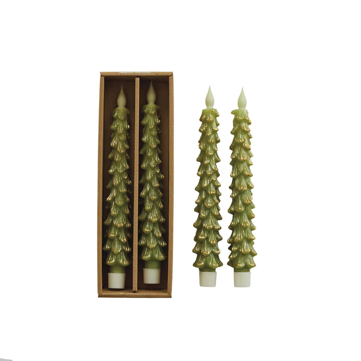 Set of two green gold-tipped LED Christmas tree taper candles in kraft box