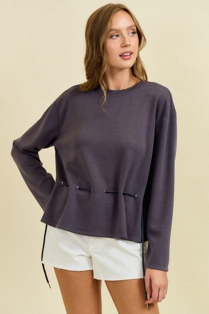 Round Neck Long Sleeve Drawstring Front Waist Top