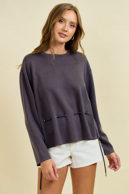 Round Neck Long Sleeve Drawstring Front Waist Top