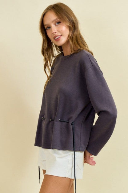 Round Neck Long Sleeve Drawstring Front Waist Top