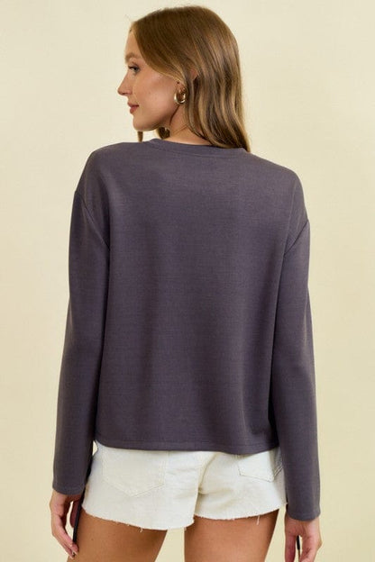 Round Neck Long Sleeve Drawstring Front Waist Top